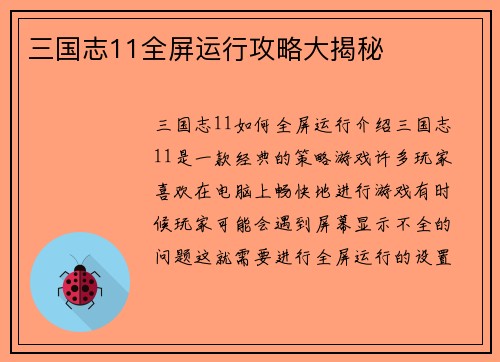 三国志11全屏运行攻略大揭秘