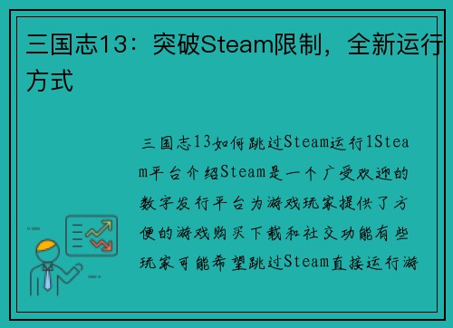 三国志13：突破Steam限制，全新运行方式