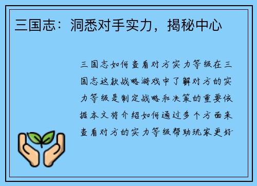 三国志：洞悉对手实力，揭秘中心